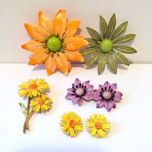 Vtg Enamel Flower Brooch Pin Earring Jewelry Fashion Accessory 60s 70s Mod